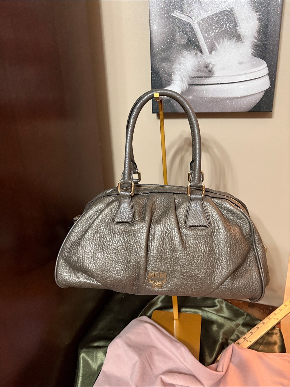 MCM Authentic Muchen Metallic Pewter Pebbled Leather Satchel Shoulder bag